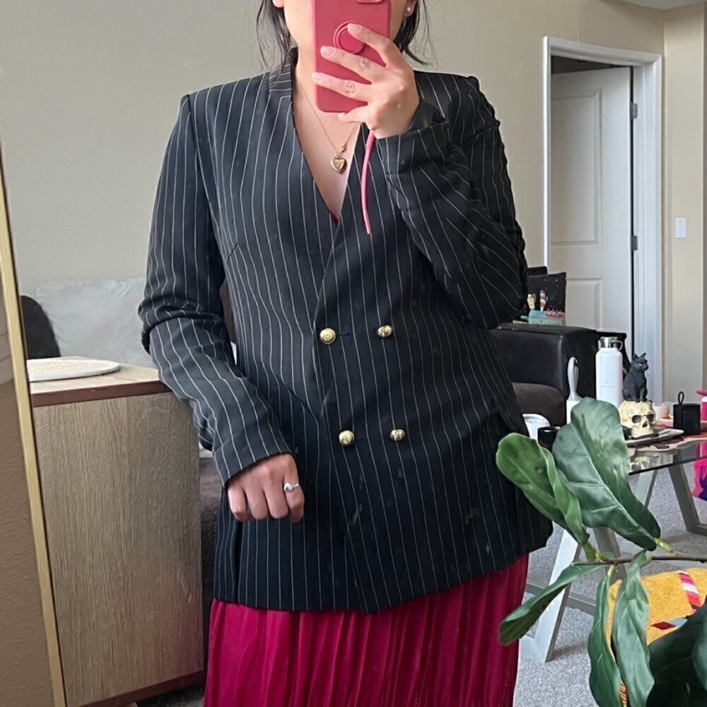 Zara Black Pinstripe Double Breasted Gold Buttons Blazer M​​​​​​​​​​​​​​​​​​​​​